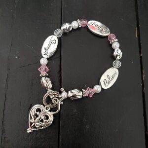Beaded Bracelet Inspirational Quote Silver Pink Beads Stretch Gift Women's